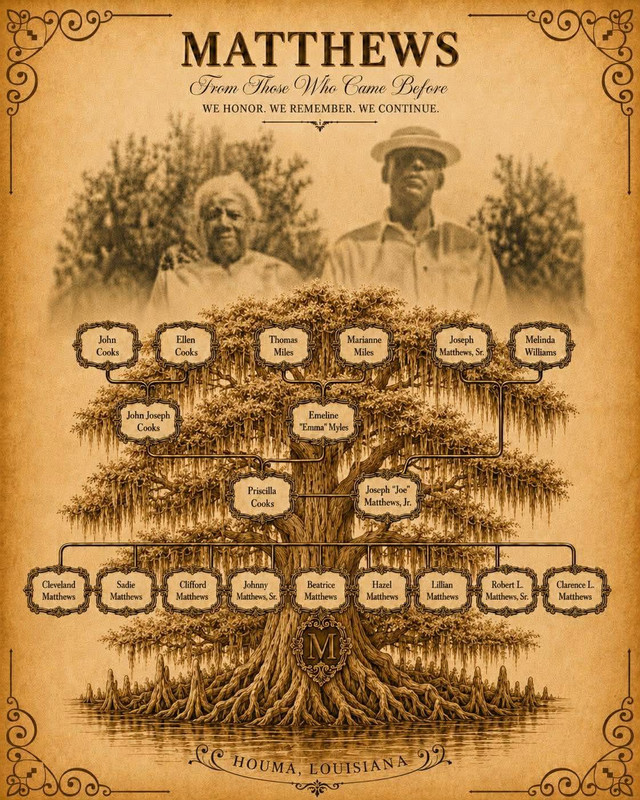 Sepia heritage poster of the Matthews family tree with ancestor names, Houma, Louisiana